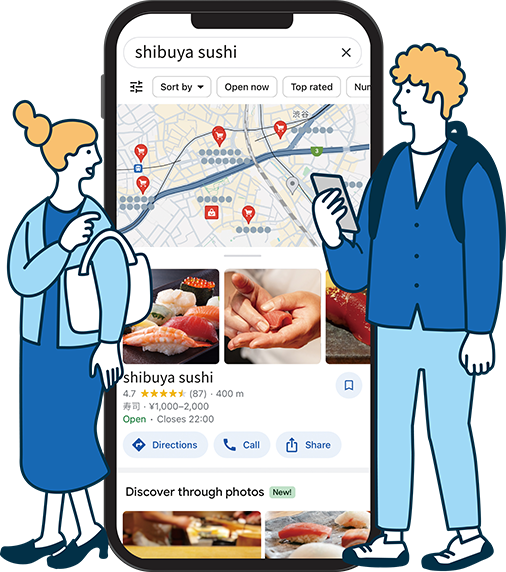 スマートフォンで地図を開き、飲食店を探す訪日外国人イラスト